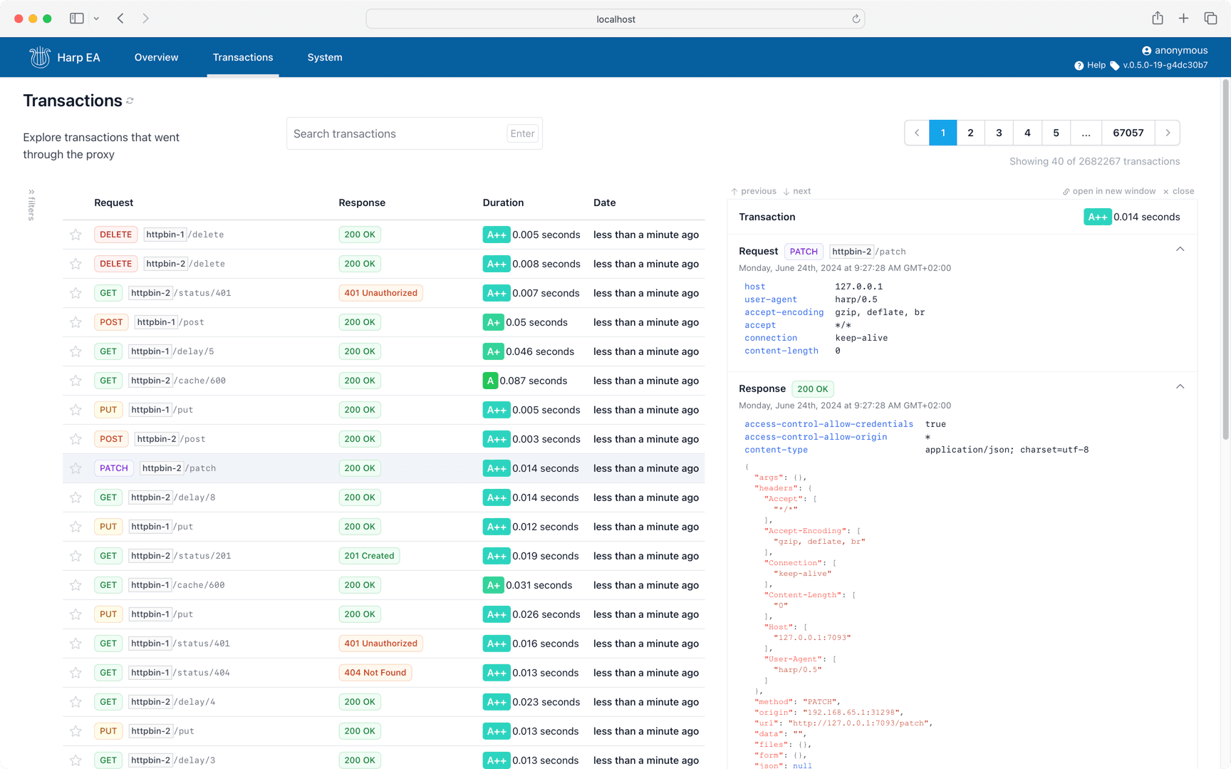 Dashboard transactions list